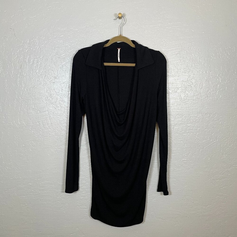 Free People Women S Black Mini Dress Long Sleeve Collar Drape Neckline Knit